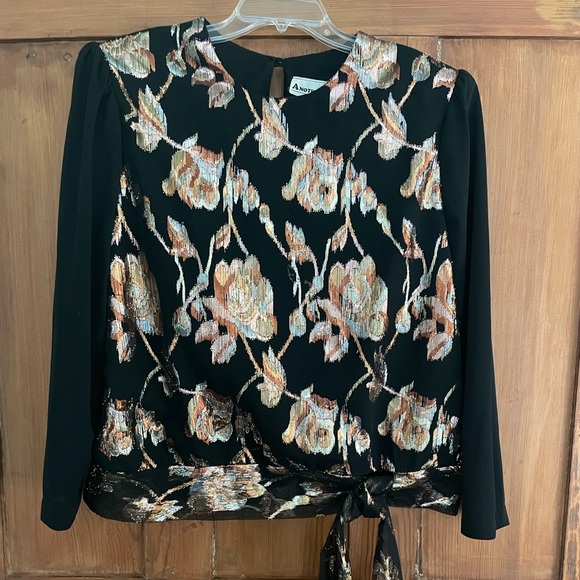 Vintage Another Thyme Black Metallic Copper Bronze Silver Gold Floral Top XL - Picture 1 of 8